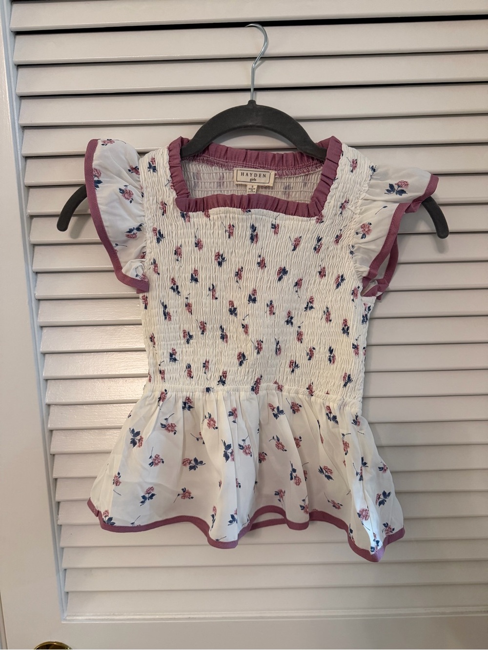 Hayden Girls White Floral Smocked Peplum Top with Mauve Trim